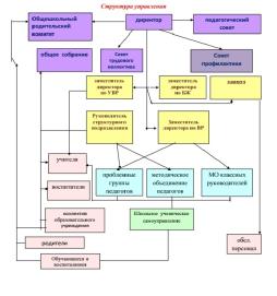 Структура школы соответствует функциональным задачам государственного образовательного учреждения и Уставу школы. Управленческая система представлена как персональными (директор, заместители директора, специалисты, учителя, классные
руководители), так и коллегиальными органами управления (Общешкольный родительский комитет, педагогический совет и др.). Управленческий аппарат сформирован полностью,
распределены функциональные обязанности администрации, регламентируемые приказом по образовательному учреждению
